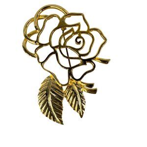 Gold Tone Rose Flower Pin Brooch Leaf Details Metal Vintage Floral Classic